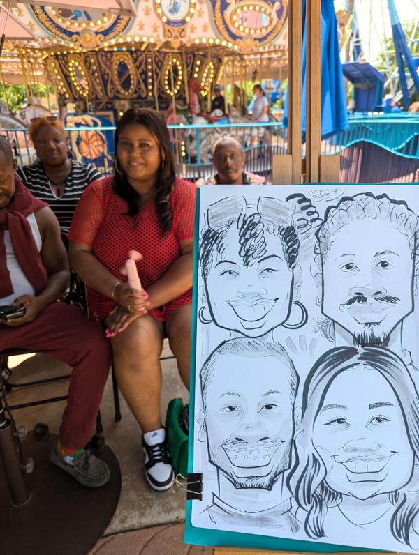 Happy clients pose with portrait drawn by Texas caricature artist | Altus Entertainment